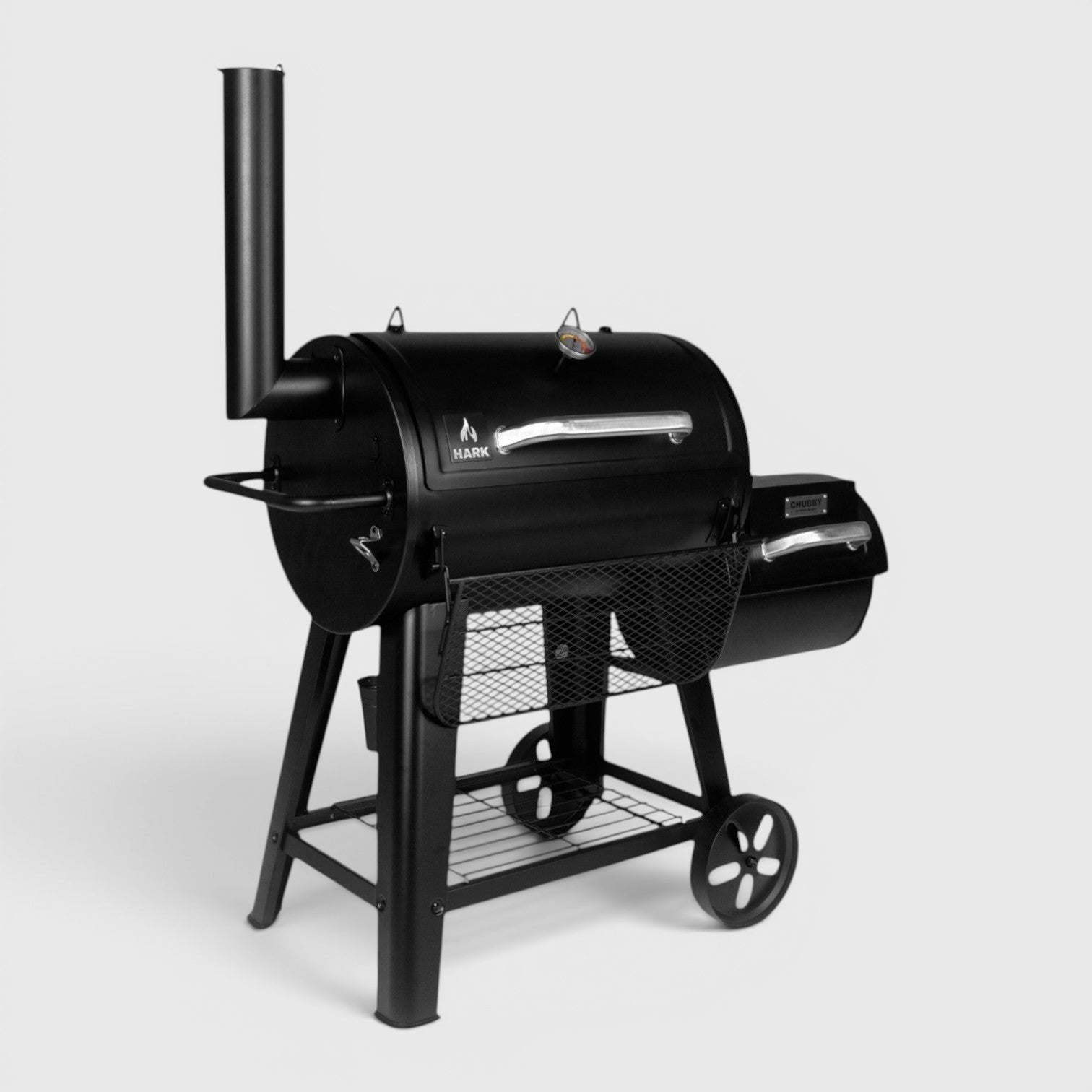 HARKBBQ black metal Chubby offset smoker with side firebox, temperature gauge, and storage shelf. Updated model with heavy-duty legs.