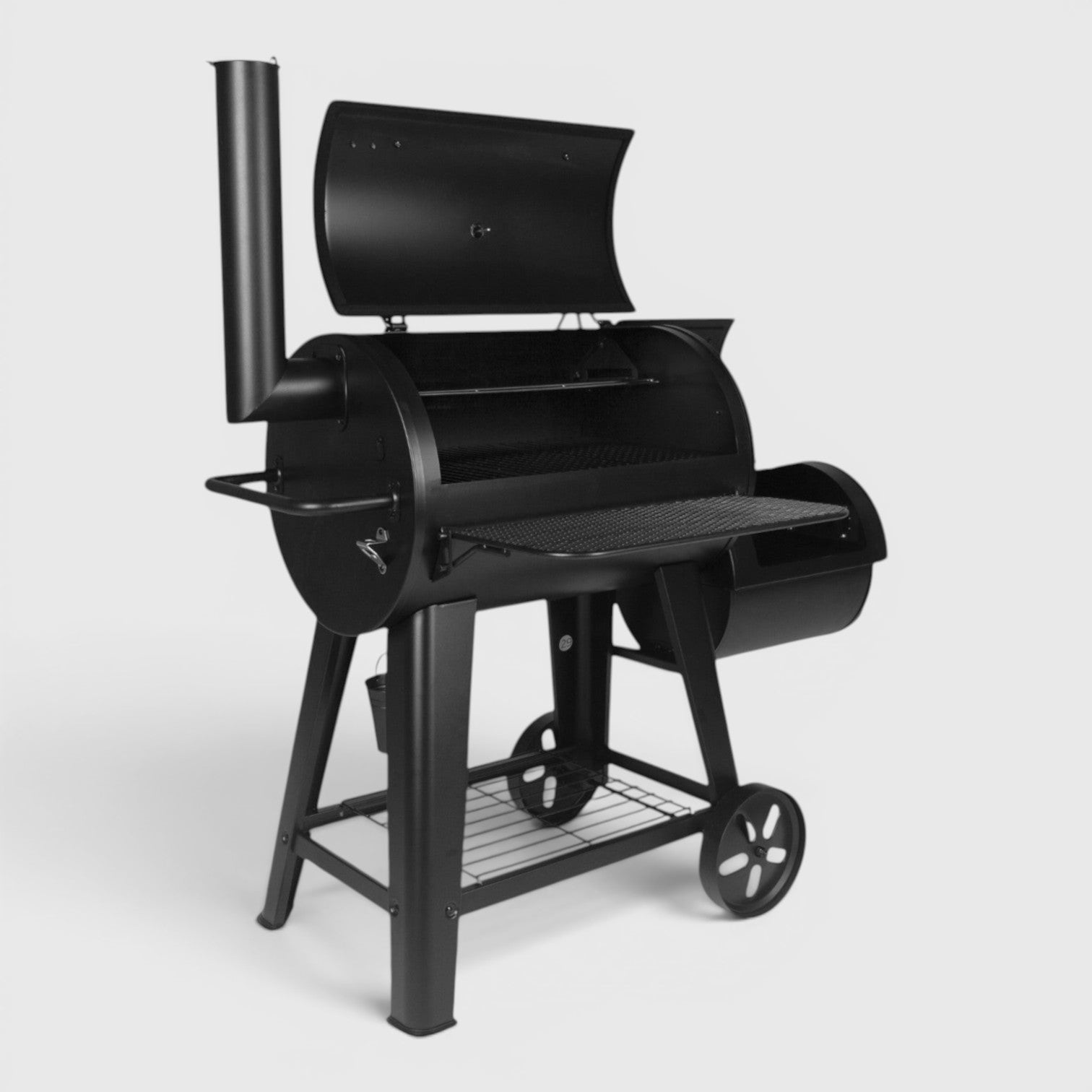HARKBBQ black metal Chubby offset smoker with large cooking area and temperature gauge. Updated model with sturdy legs and wheels.