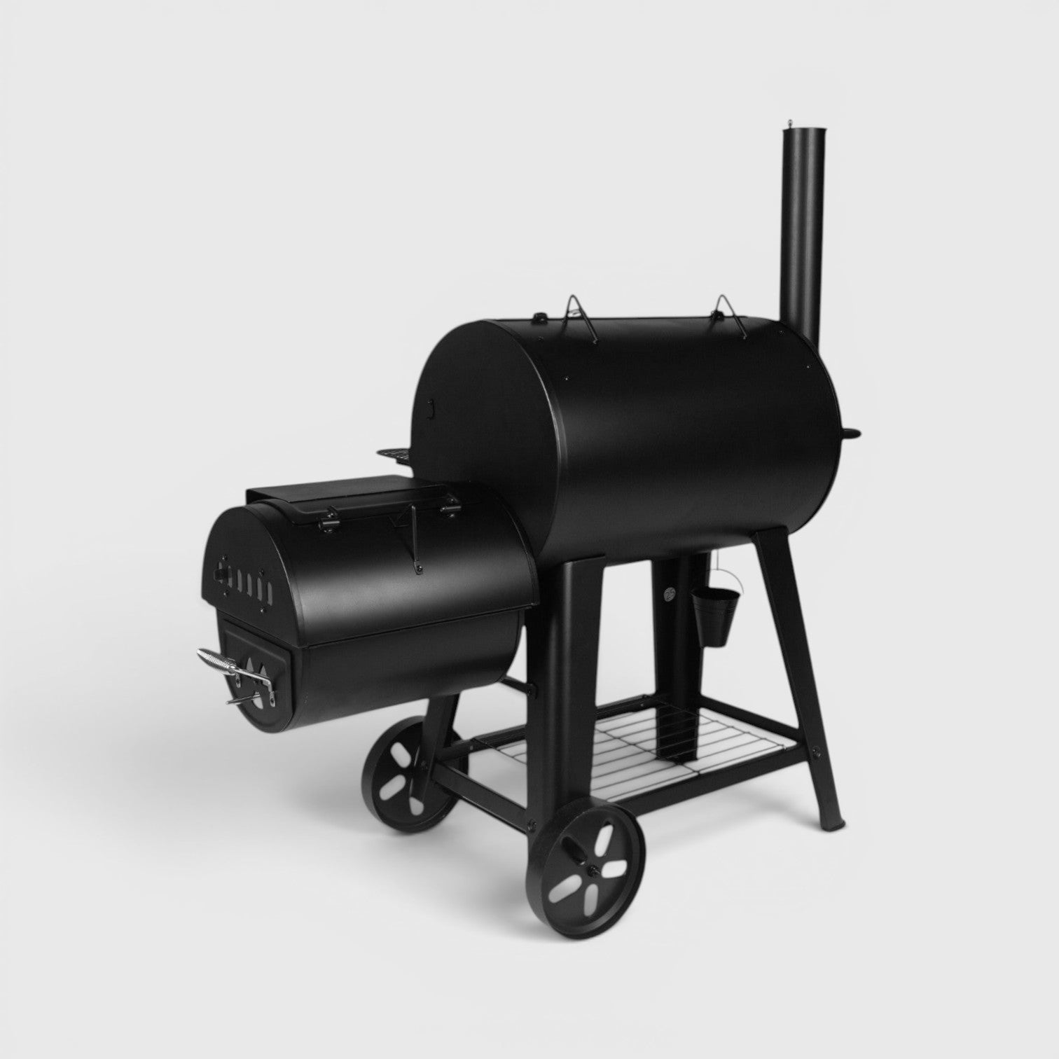 HARKBBQ black metal Chubby offset smoker with side firebox, chimney, wheels, and storage rack. Updated model.