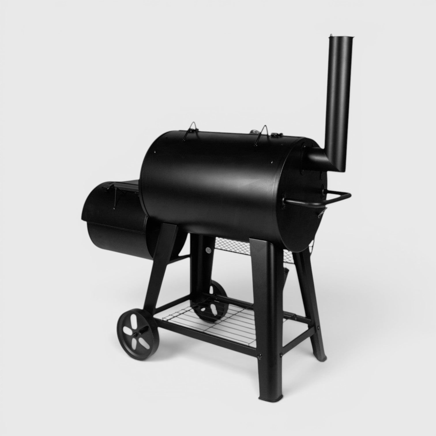 HARKBBQ black metal offset smoker with wheels and chimney, featuring a large main chamber and side firebox.