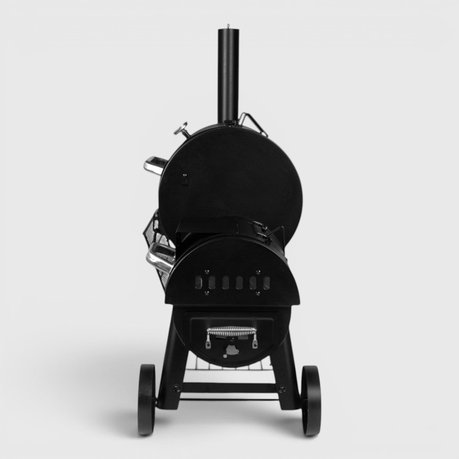 HARKBBQ black metal offset smoker with chimney, side firebox, and wheels. Features a large cooking area and temperature gauge.