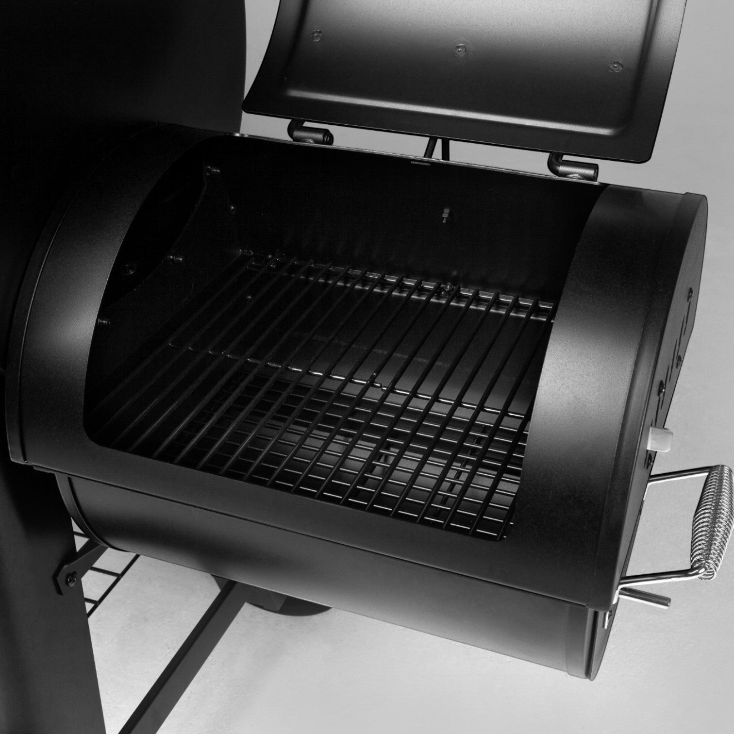 HARKBBQ black metal offset smoker with large cooking grates and a pull-out ash drawer.