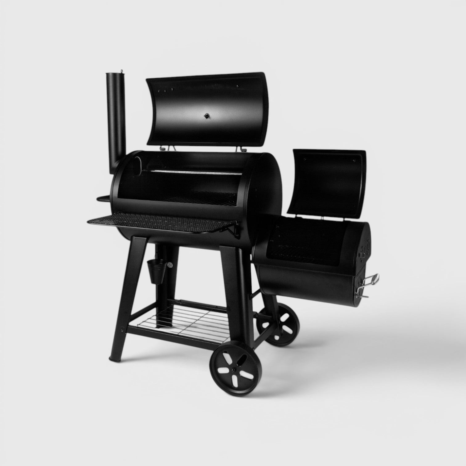 HARKBBQ black metal offset smoker with two doors open, featuring a large cooking chamber and side firebox.