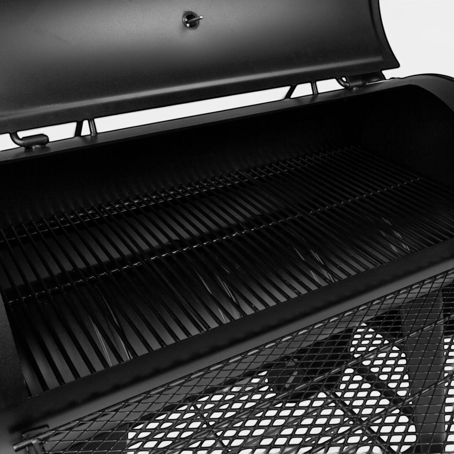 HARKBBQ all-black steel offset smoker and grill combination unit with multiple grates and a storage shelf.