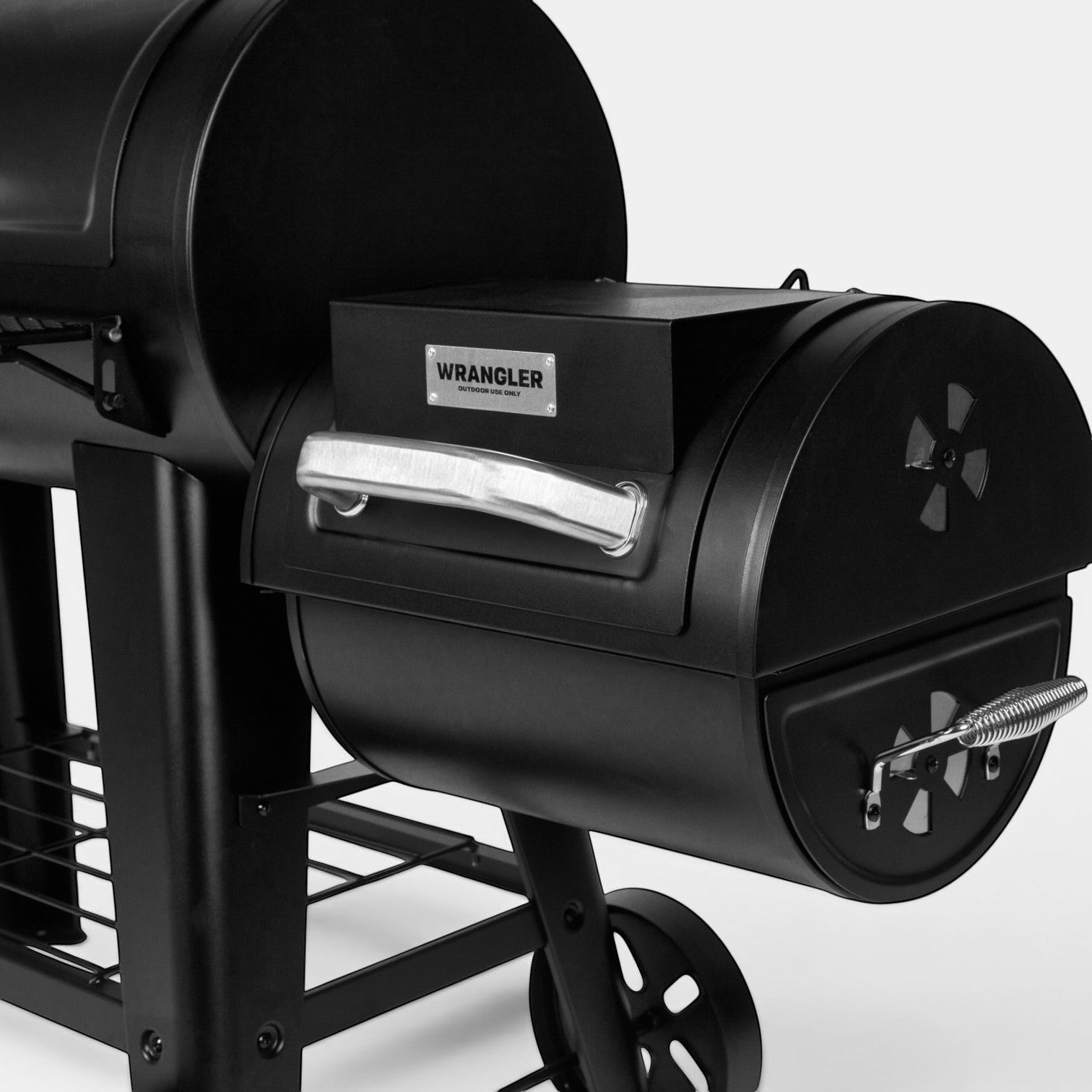 HARKBBQ all-black steel offset smoker and grill combination unit with cool-touch handles and wheels.