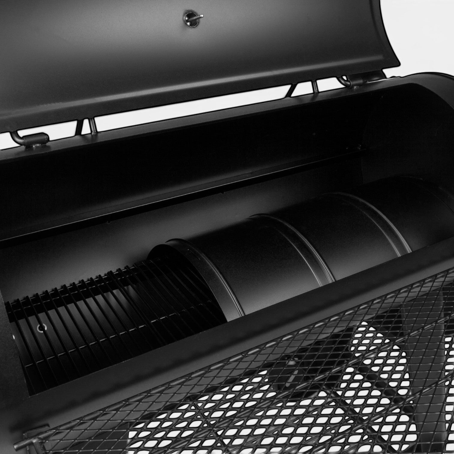 HARKBBQ offset smoker and grill combination unit in black steel with grilling grates and smoking barrels visible inside.