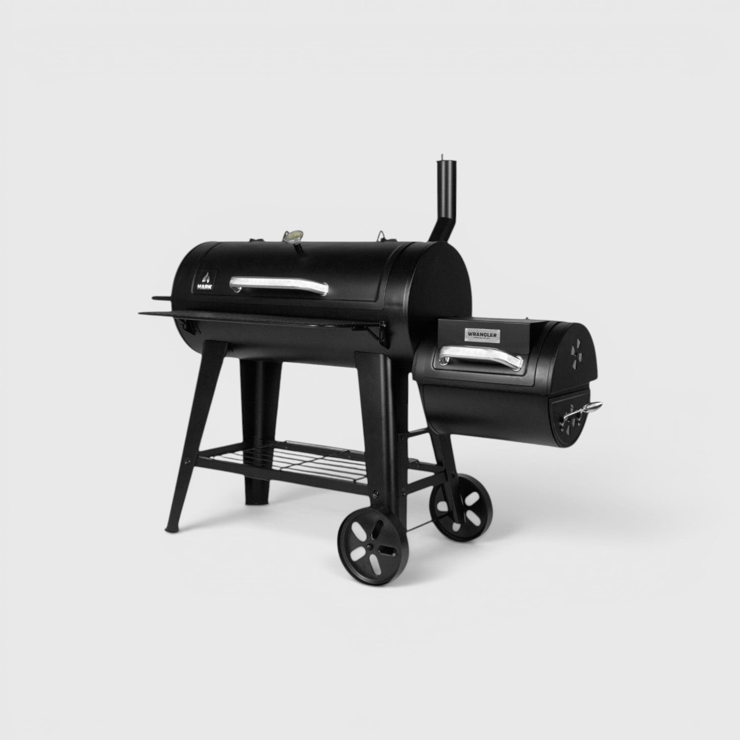 HARKBBQ black steel offset smoker and grill combination unit with wheels and storage shelf.