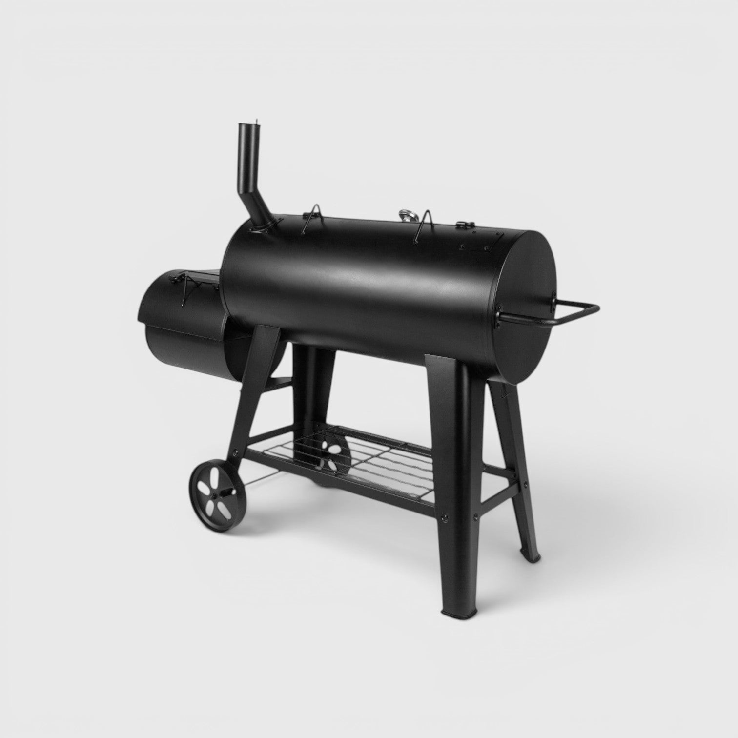 HARKBBQ black steel offset smoker and grill combination unit with chimney, wheels, and storage shelf.