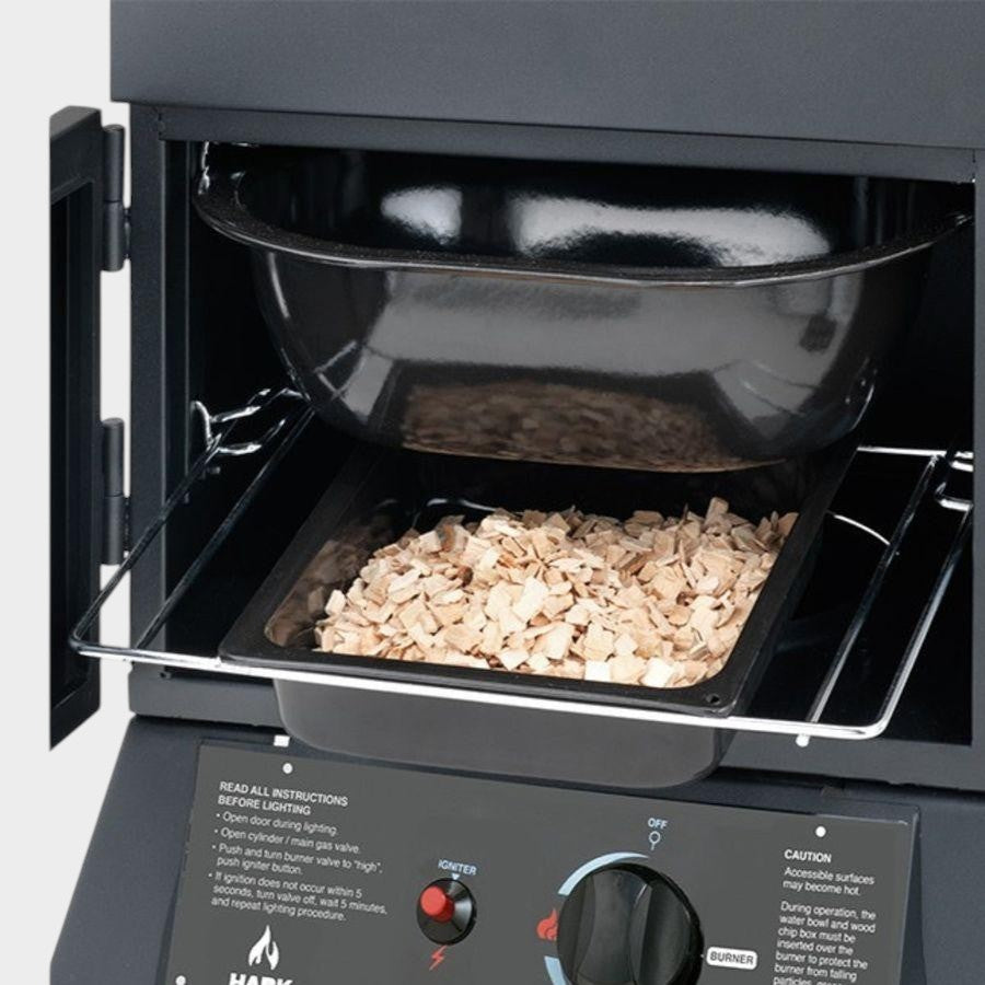 HARKBBQ 2 Door Gas Smoker with water pan and wood chip tray inside. Black enamel.