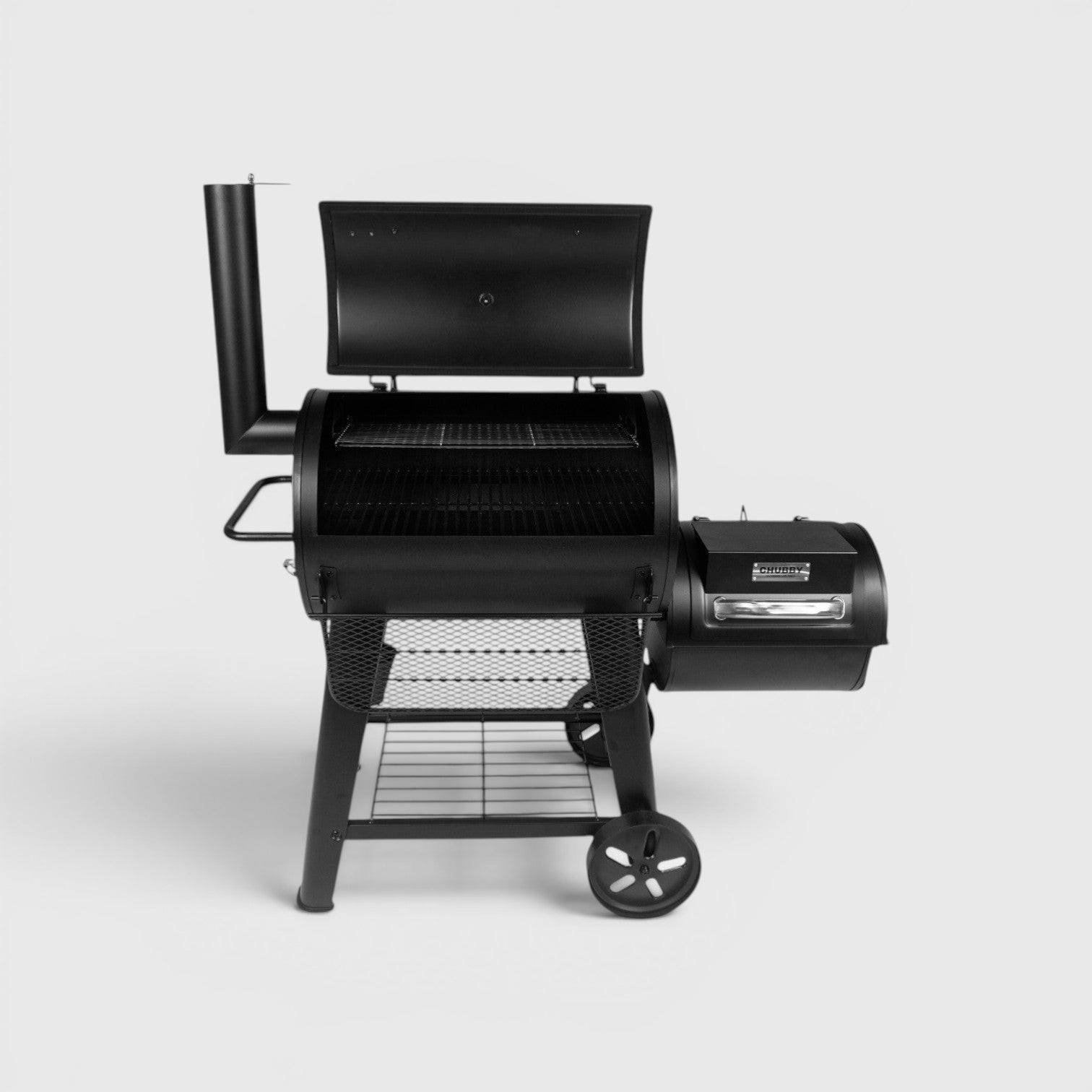 HARKBBQ black metal Chubby offset smoker with open lid, two cooking grates, and side firebox. Features a bottom shelf and wheels.