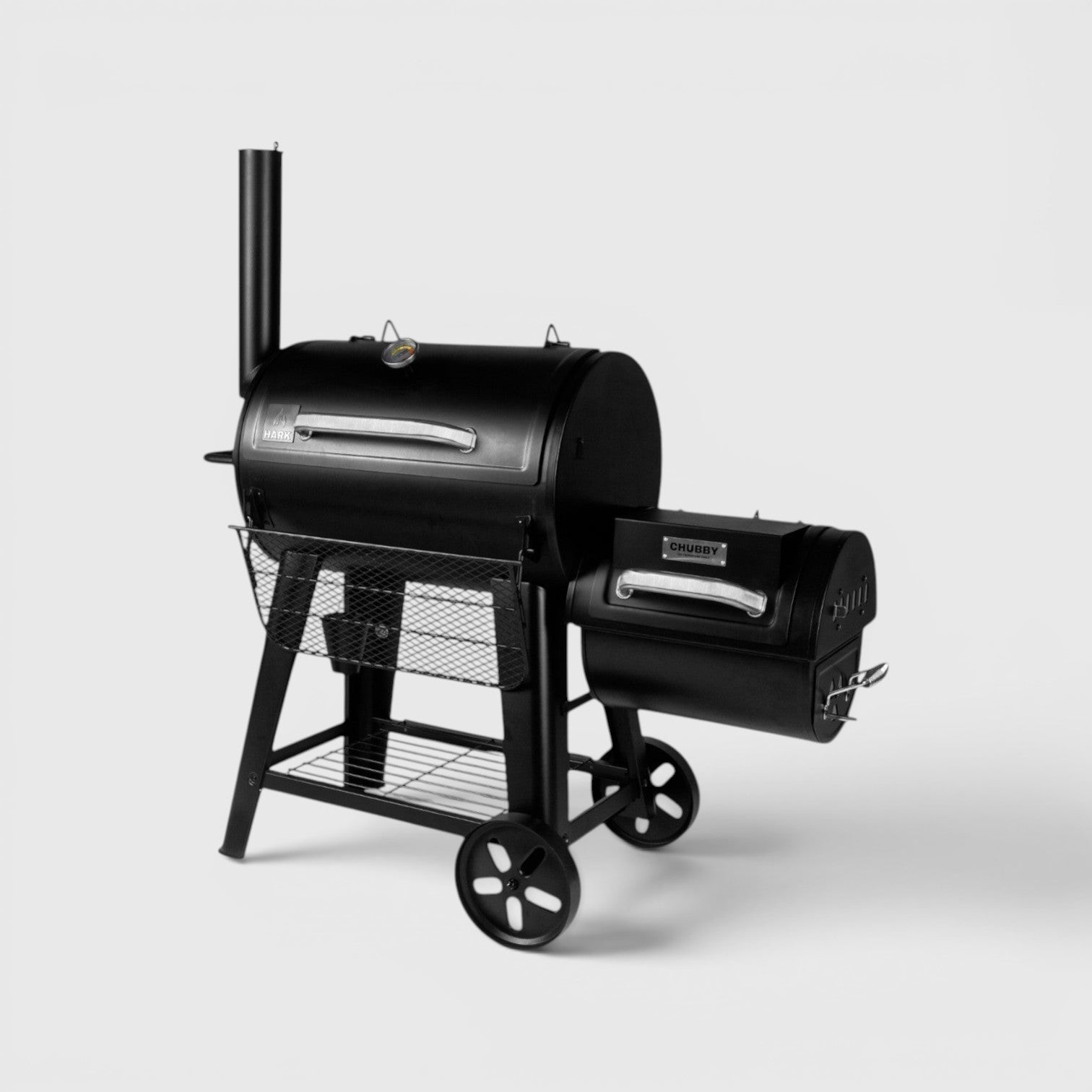 HARKBBQ black metal Chubby offset smoker with temperature gauge, side firebox, and storage shelf. Updated model.