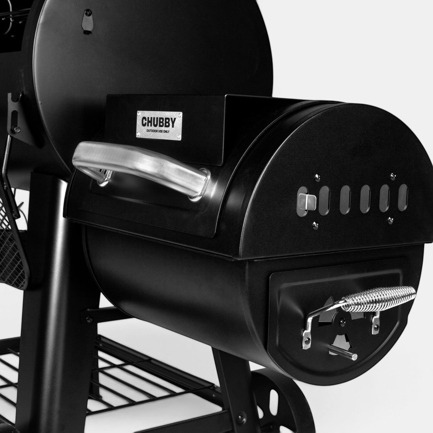 HARKBBQ black metal Chubby offset smoker with chrome handles and temperature gauge. Features a side firebox and adjustable vents.