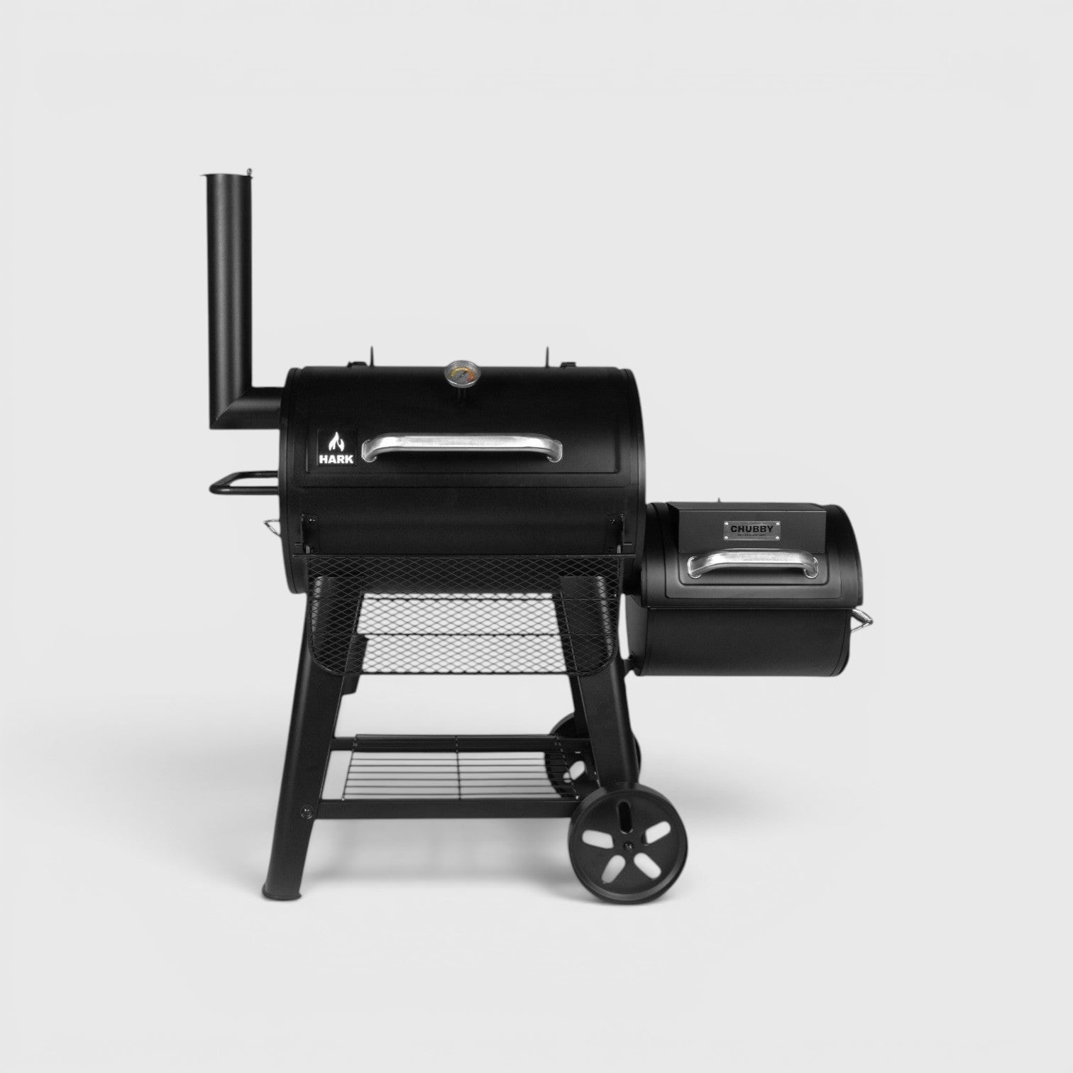 HARKBBQ black metal Chubby offset smoker with chimney, temperature gauge, and storage shelf. Updated model with heavy-duty legs.