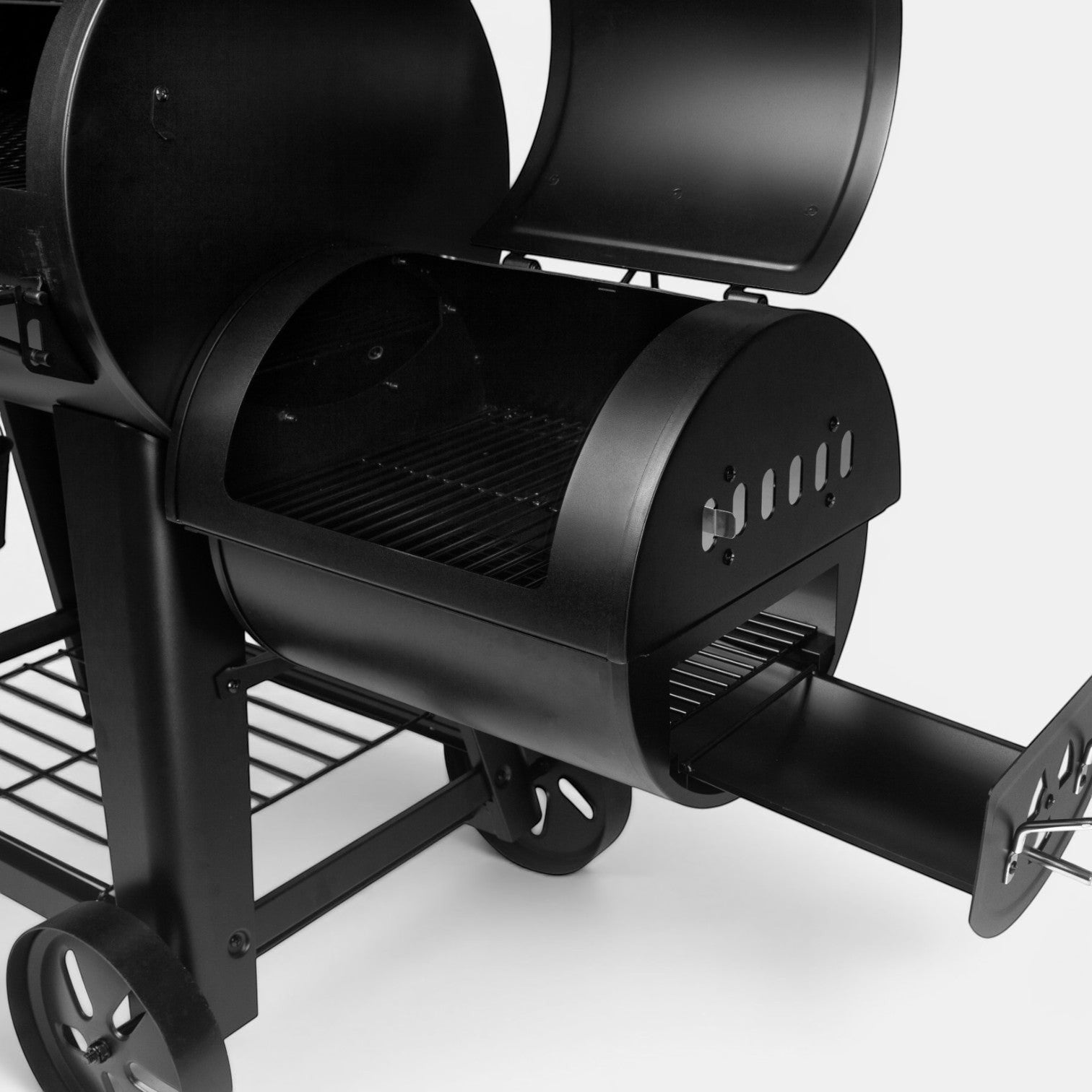 HARKBBQ black metal Chubby offset smoker with open lid, showing cooking grates and pull-out ash drawer.