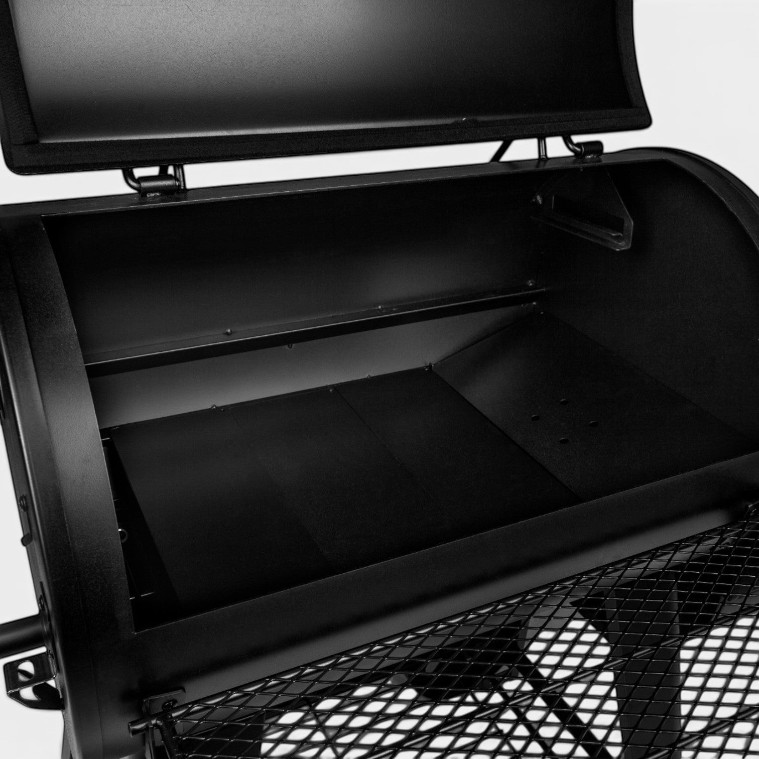 HARKBBQ Chubby Offset Smoker, black steel, with two cooking grates and a pull-out ash drawer.