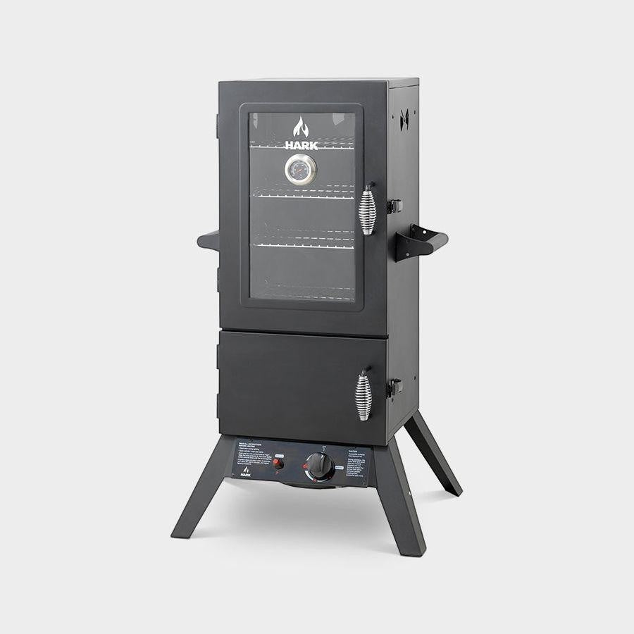 HARKBBQ black two-door vertical gas smoker with glass window and temperature gauge, 4 adjustable shelves.