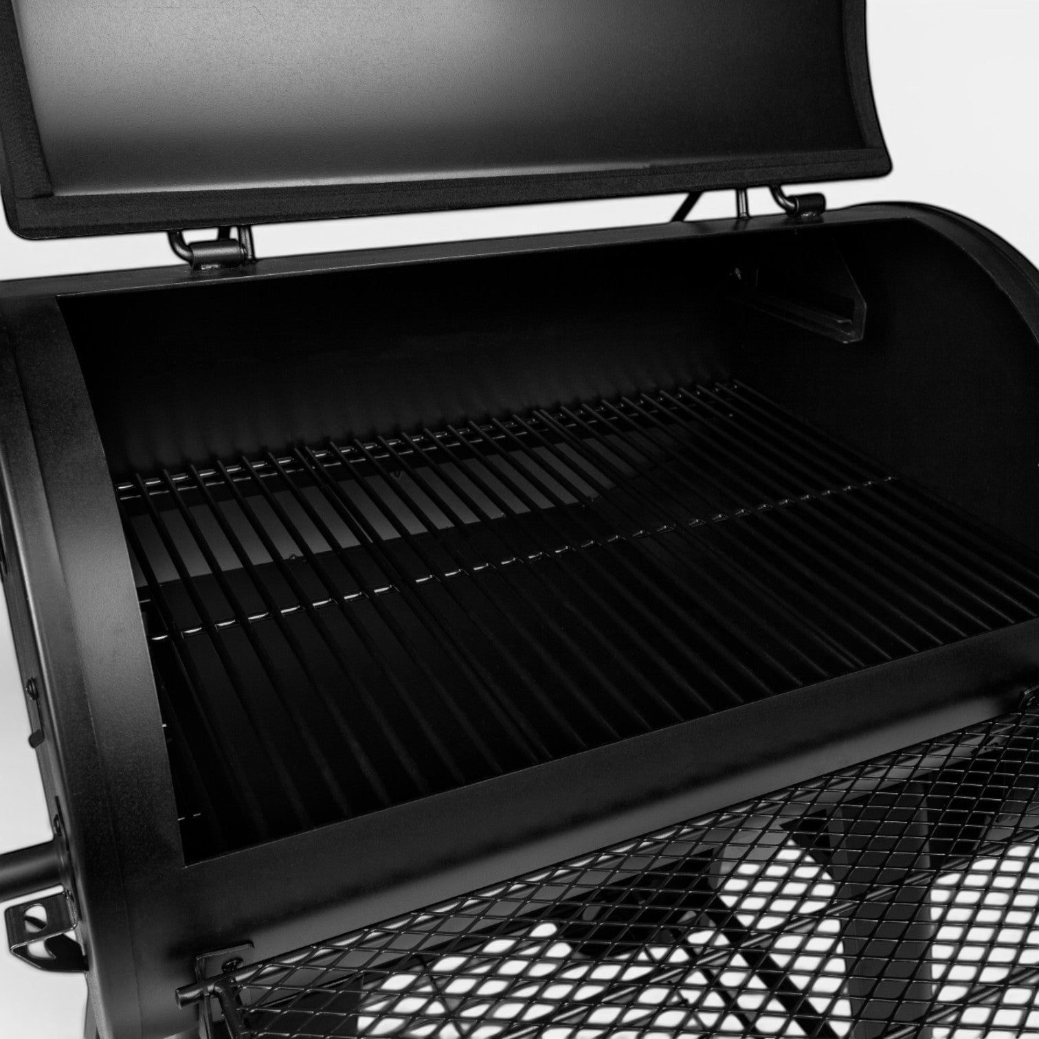 HARKBBQ black metal offset smoker with multiple cooking grates and a wire mesh shelf below.