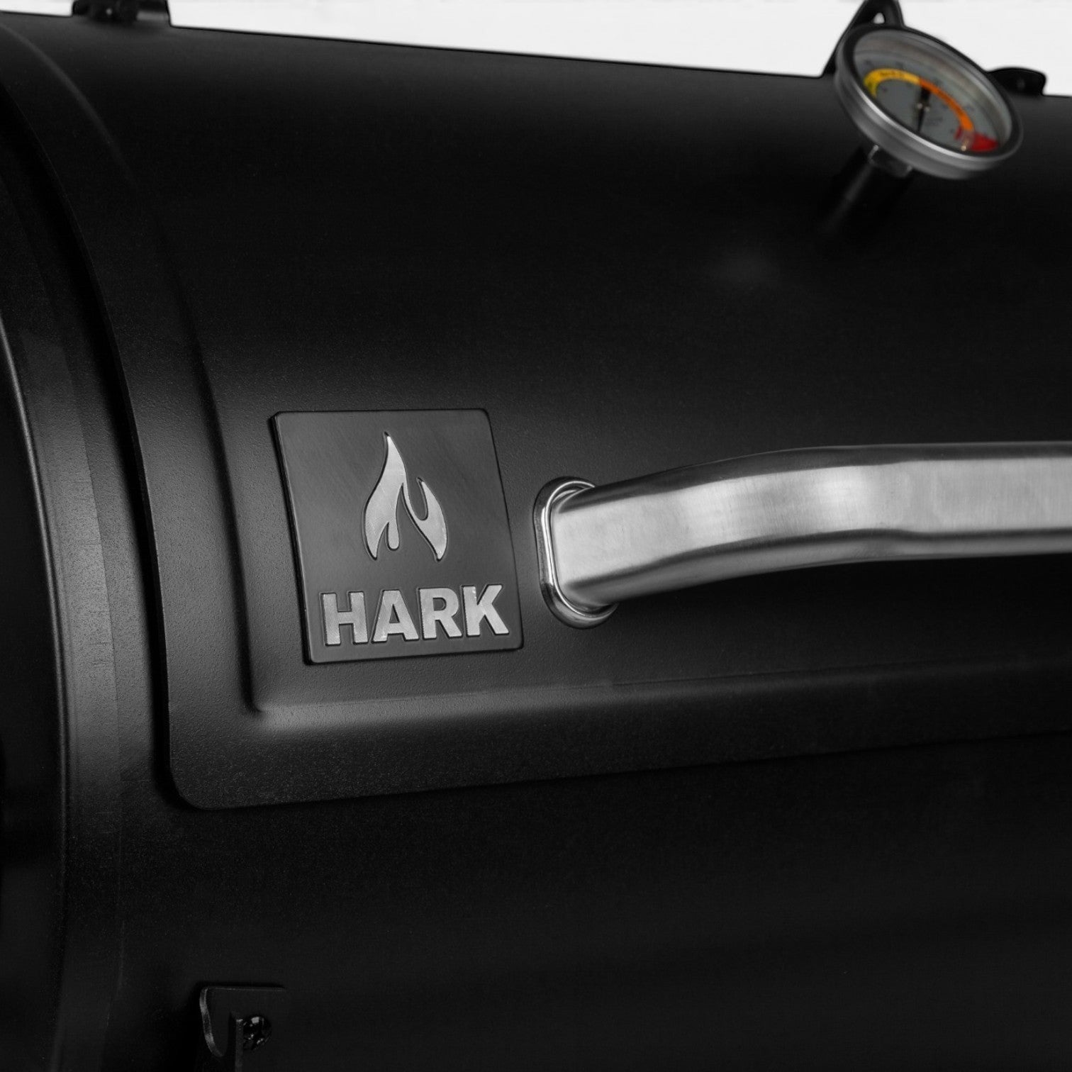 HARKBBQ black metal offset smoker with stainless steel handle and temperature gauge. Updated model.