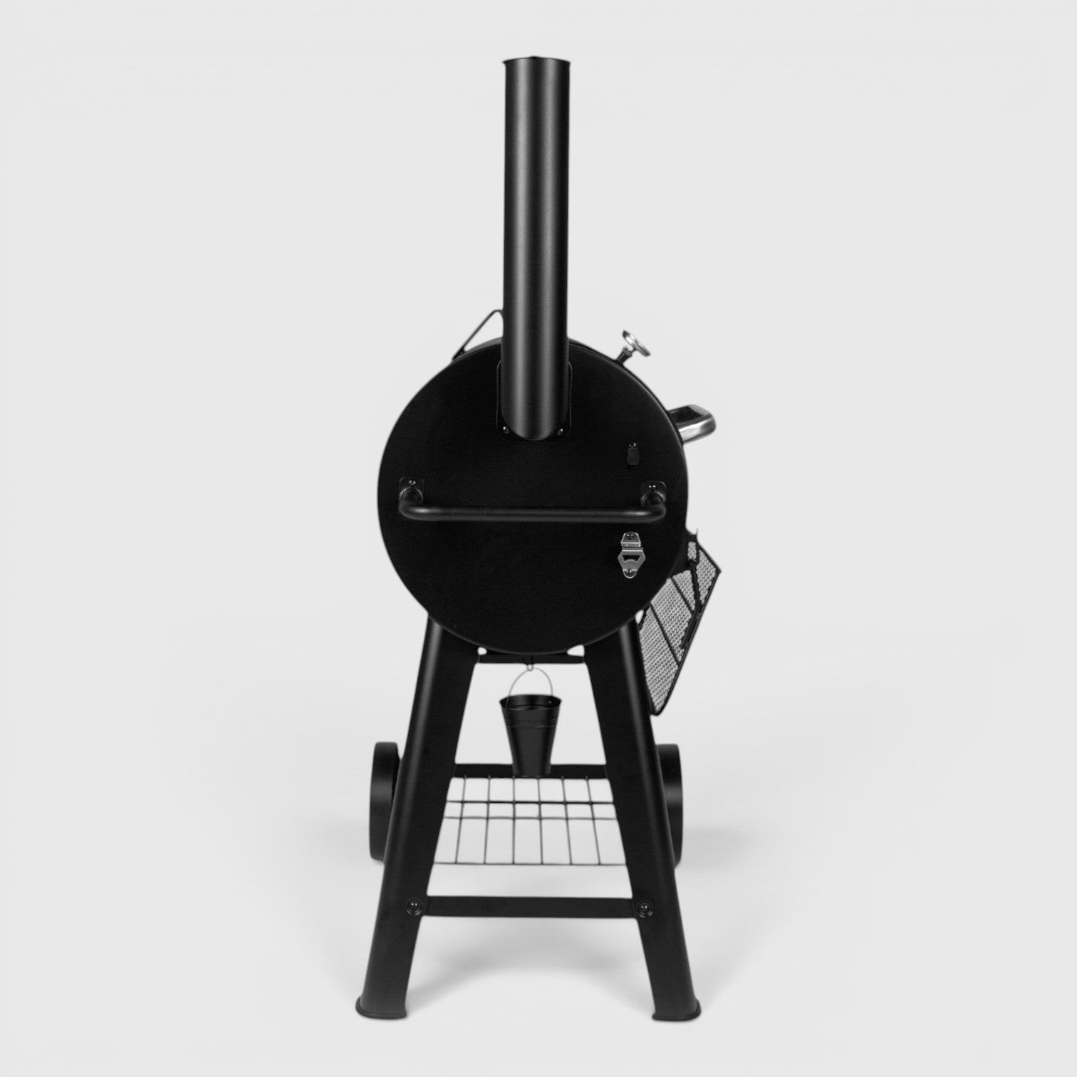HARKBBQ black metal offset smoker with chimney, wheels, and storage shelf. Features a temperature gauge and ash drawer.