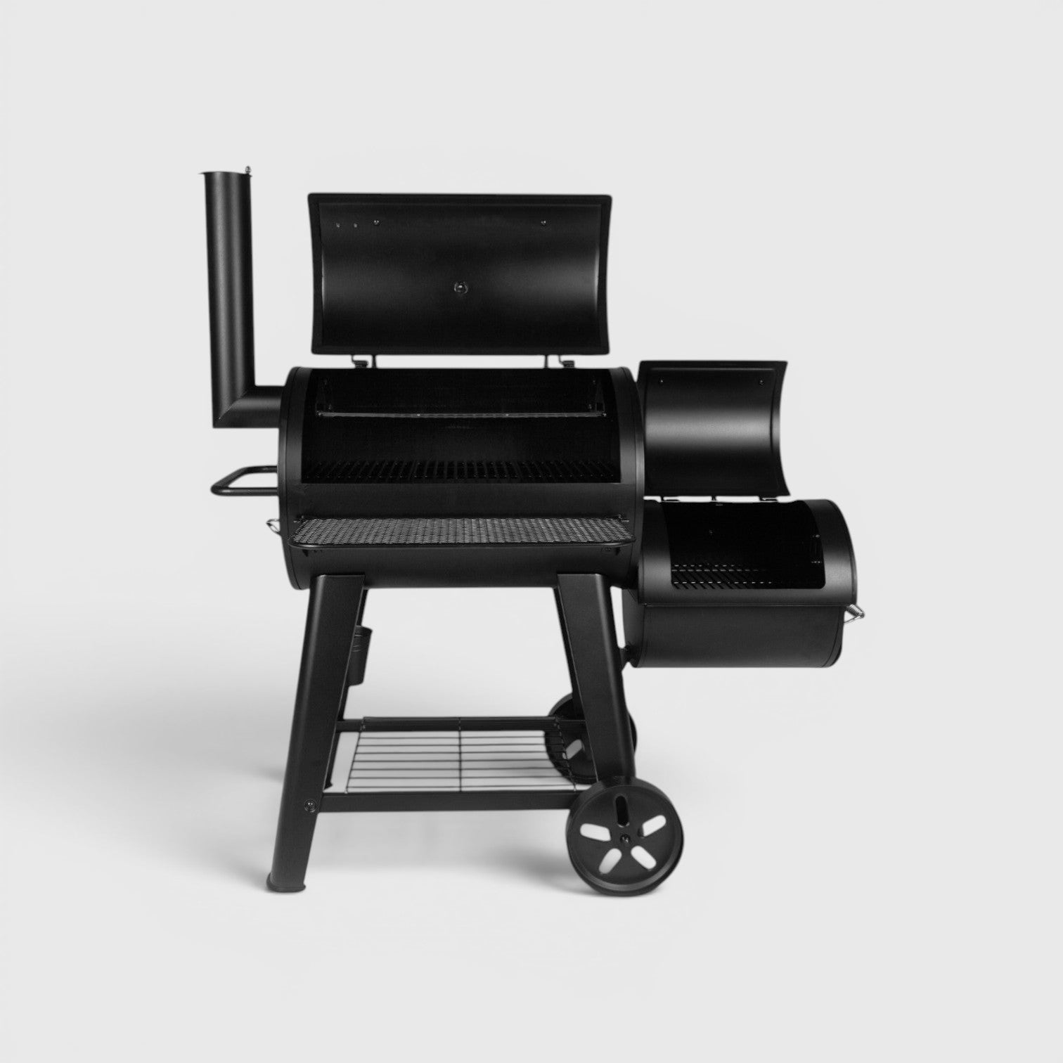 HARKBBQ black metal offset smoker with two cooking chambers, side firebox, and temperature gauge. Updated model with sturdy legs.
