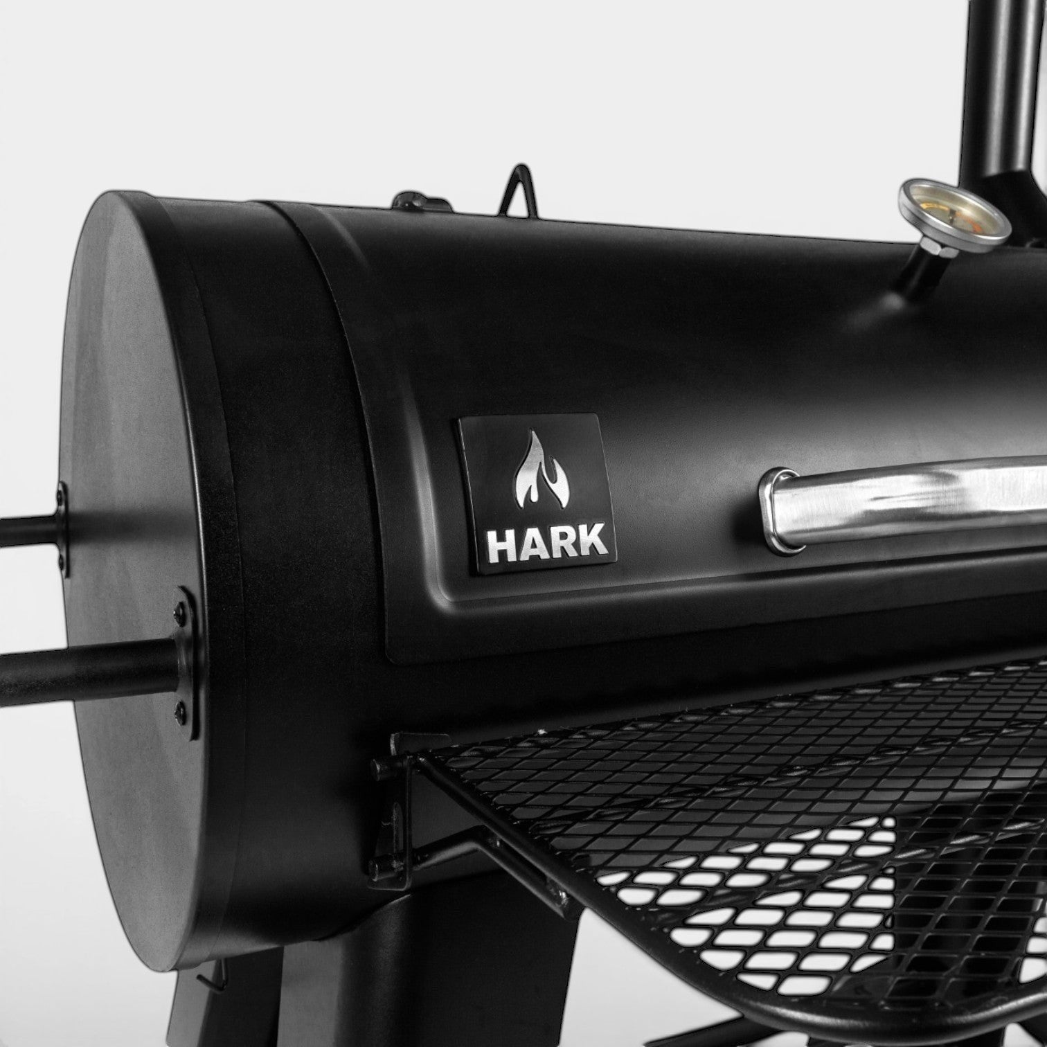 HARKBBQ black steel offset smoker and grill combination unit with thermometer and wire grate.