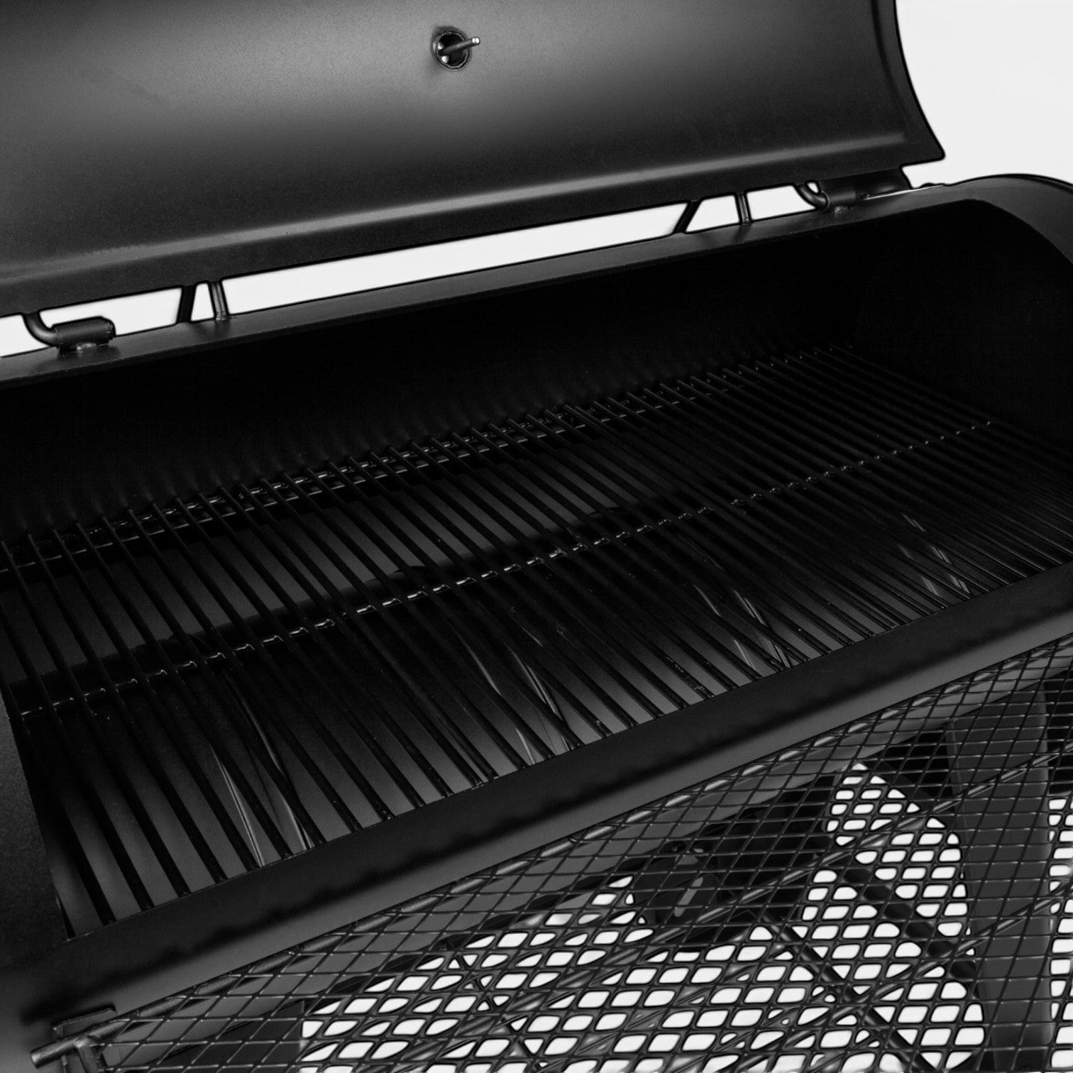 HARKBBQ all-black steel offset smoker and grill combination unit with multiple grates and a storage shelf.