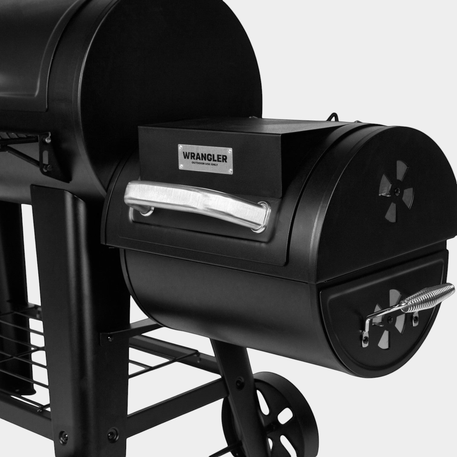HARKBBQ all-black steel offset smoker and grill combination unit with cool-touch handles and wheels.