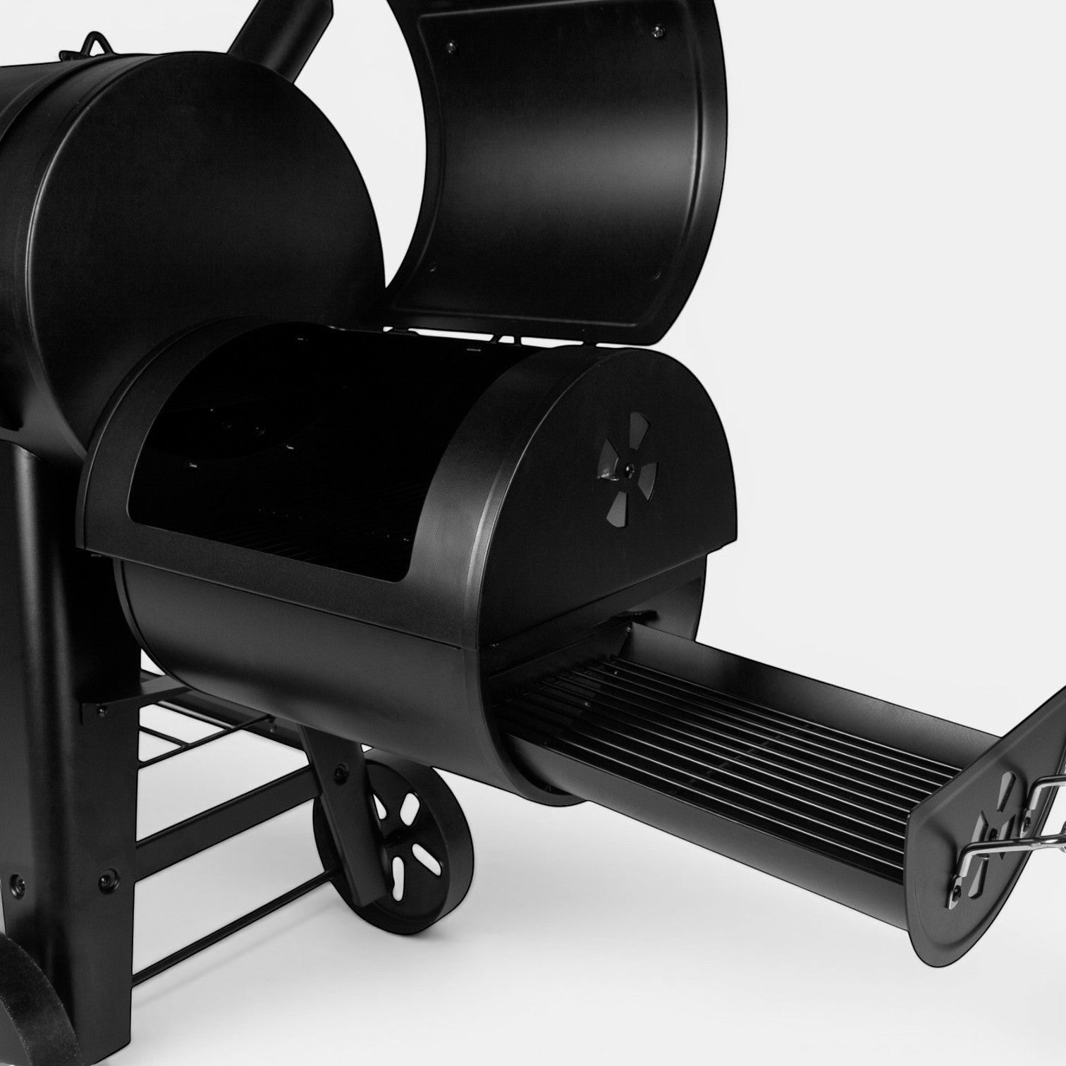 HARKBBQ all-black steel offset smoker and grill combination unit with two wheels and a pull-out grilling grate.
