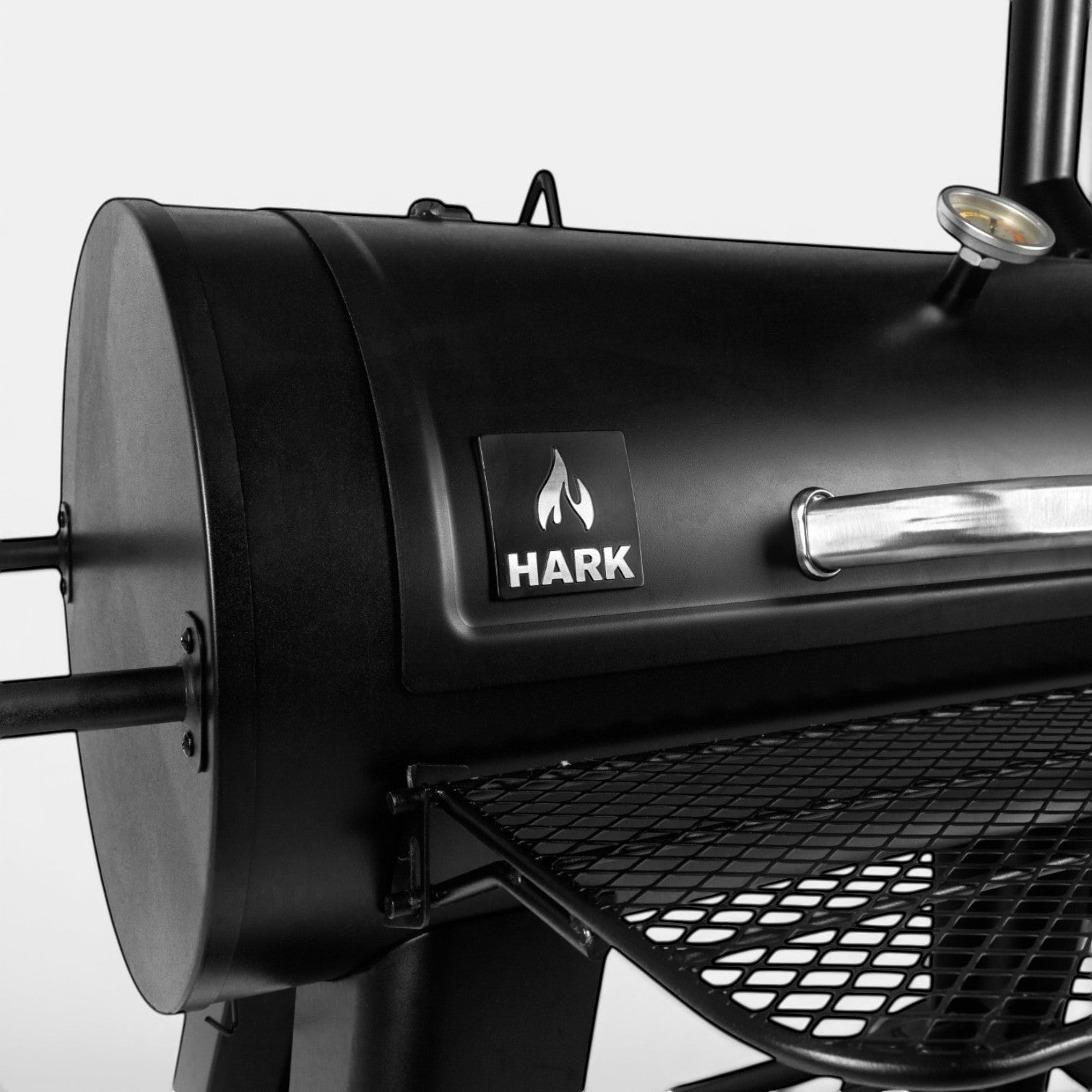 HARKBBQ black steel offset smoker and grill combination unit with thermometer and wire grate.