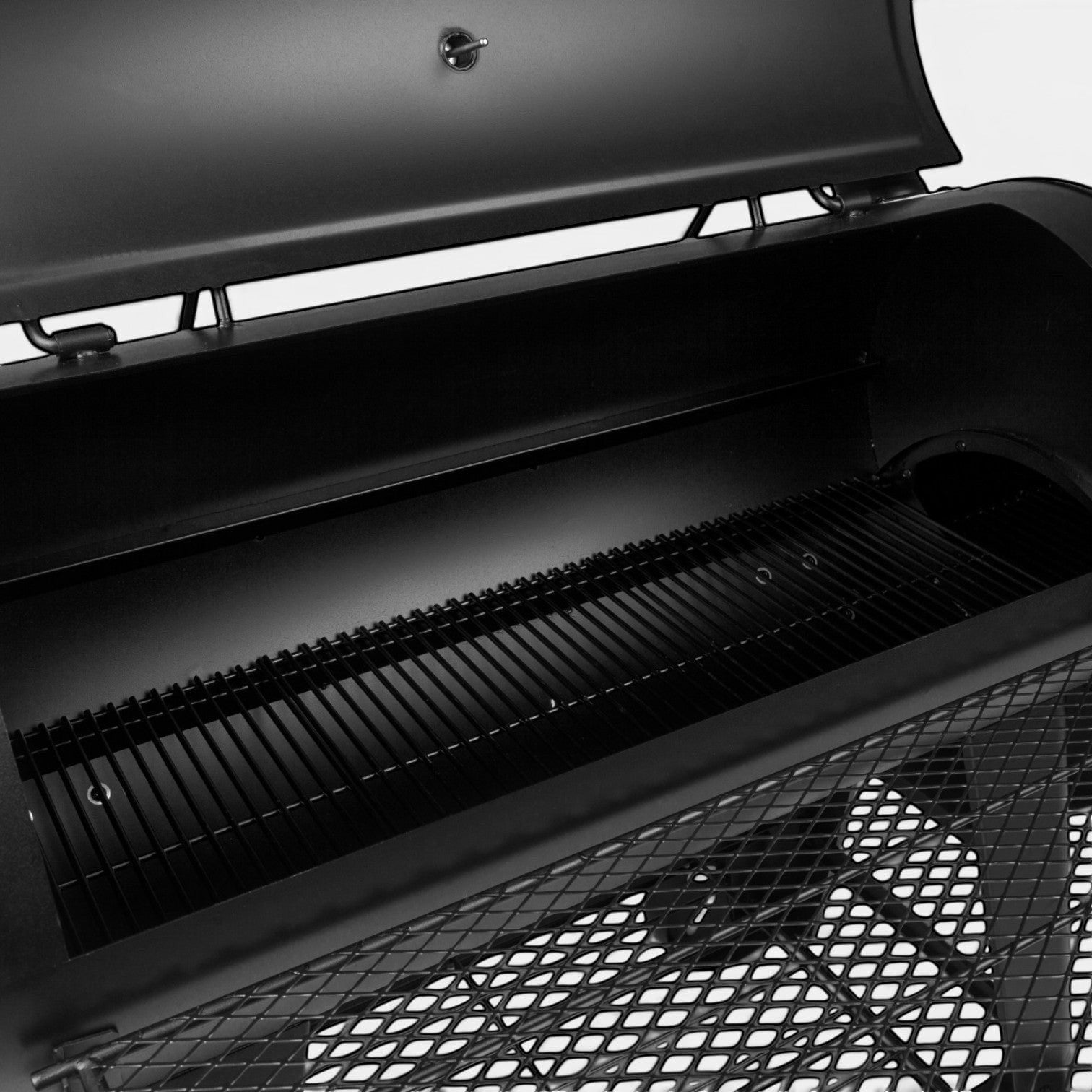 HARKBBQ black steel offset smoker and grill combination unit with two grates and a mesh shelf.