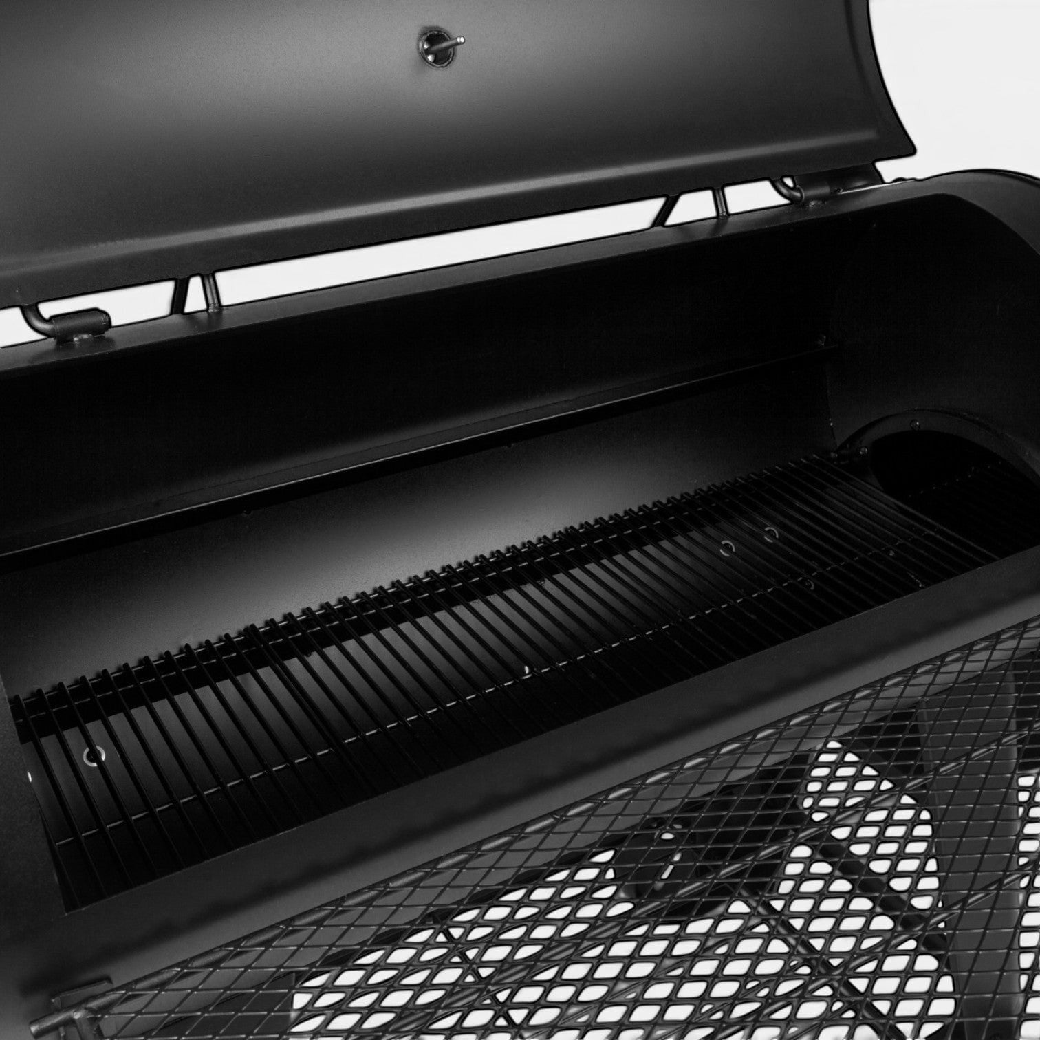HARKBBQ black steel offset smoker and grill combination unit with two grates and a mesh shelf.