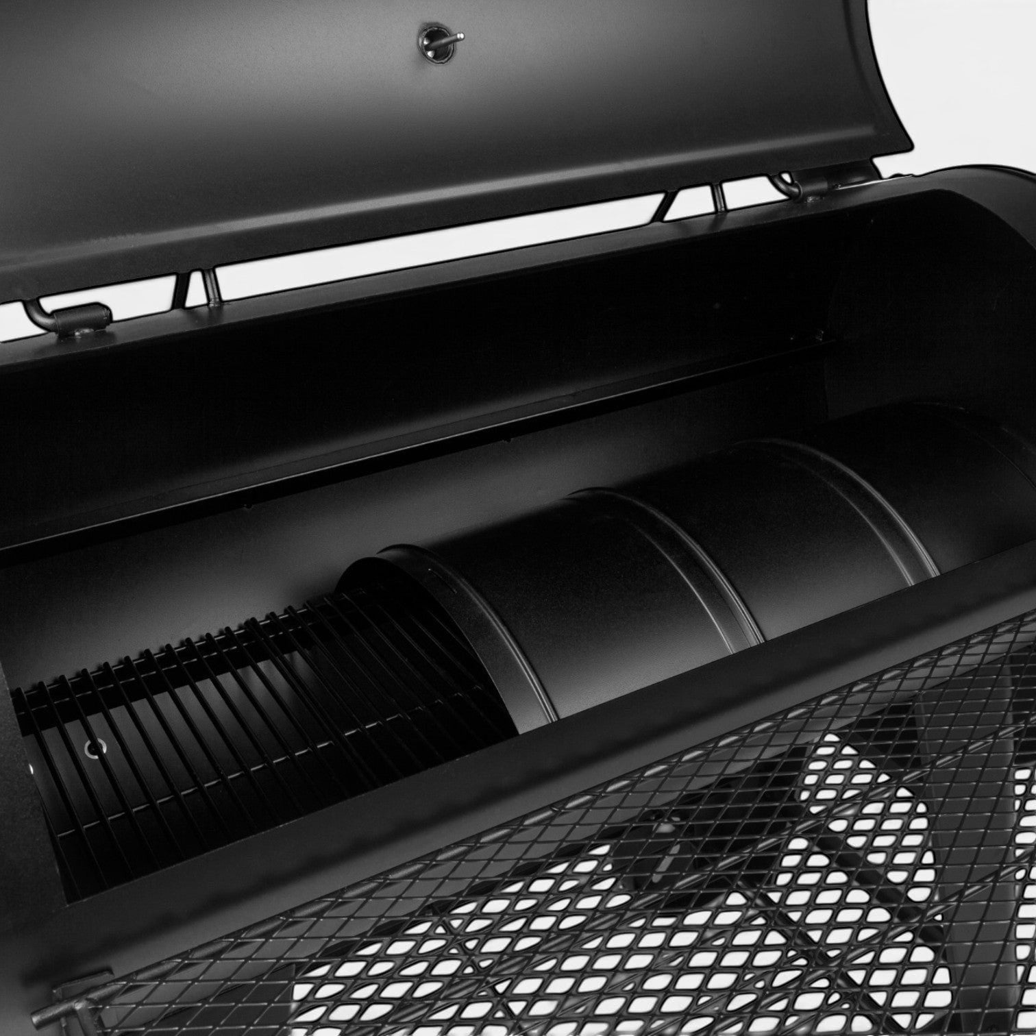 HARKBBQ offset smoker and grill combination unit in black steel with grilling grates and smoking barrels visible inside.