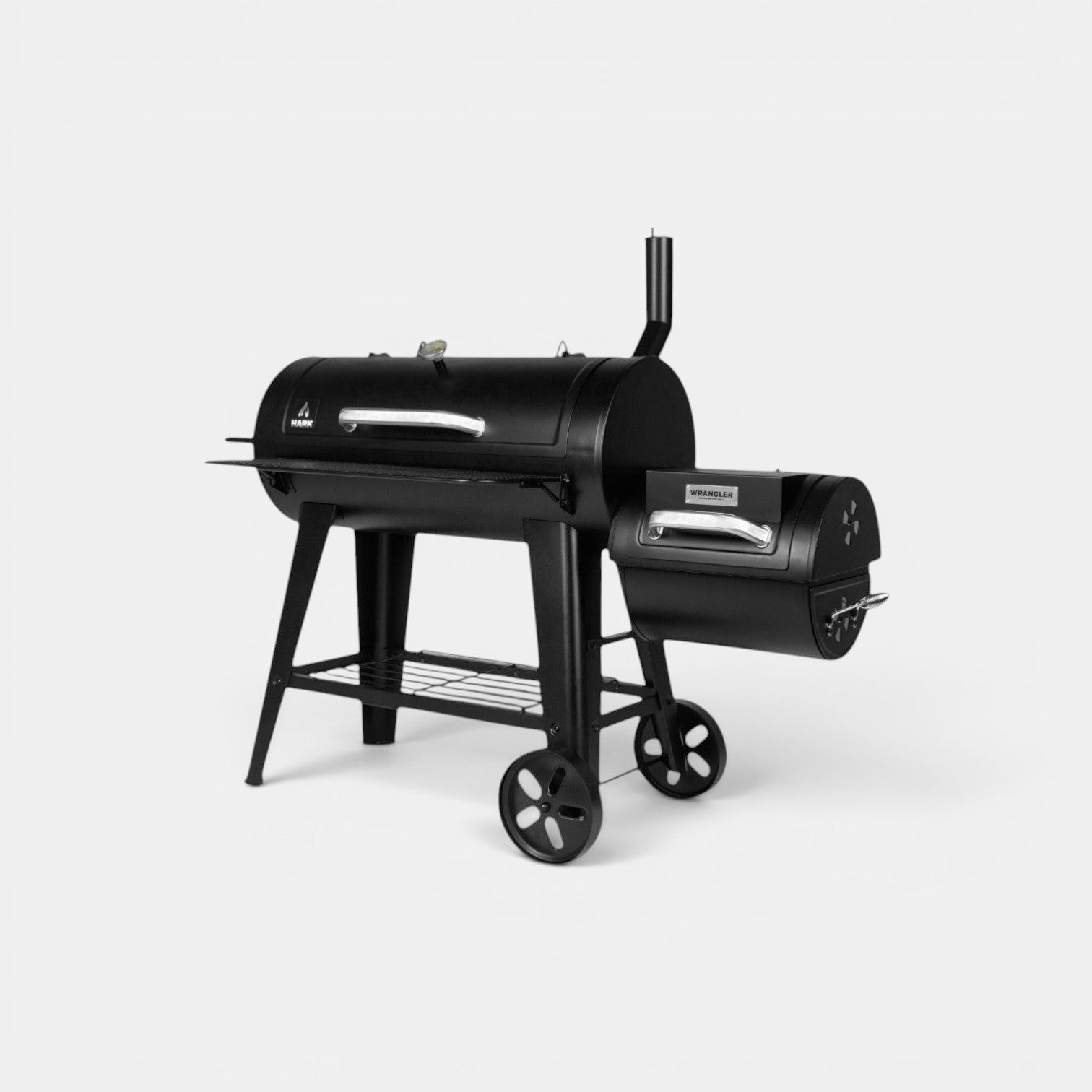 HARKBBQ black steel offset smoker and grill combination unit with wheels and storage shelf.