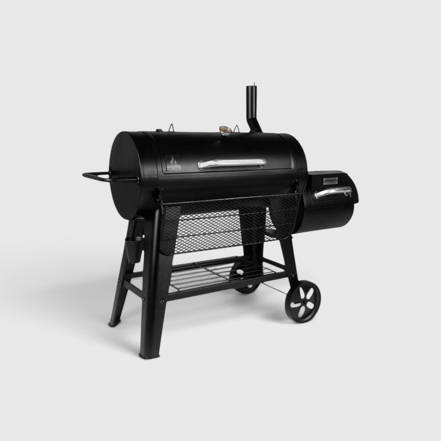 HARKBBQ black steel offset smoker and grill combination unit with two wheels and storage shelf.