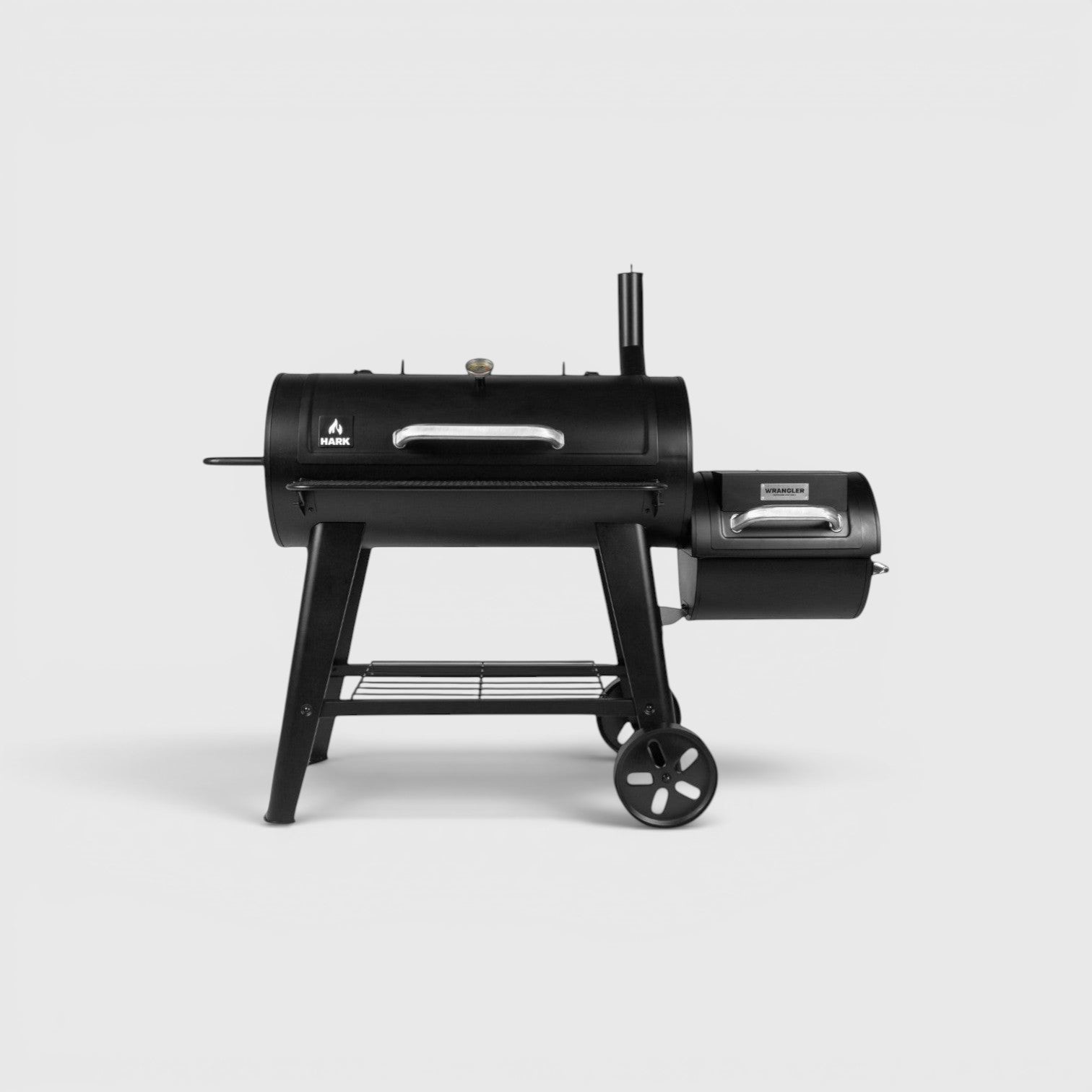 HARKBBQ black steel offset smoker and grill combination unit with two wheels and storage shelf.