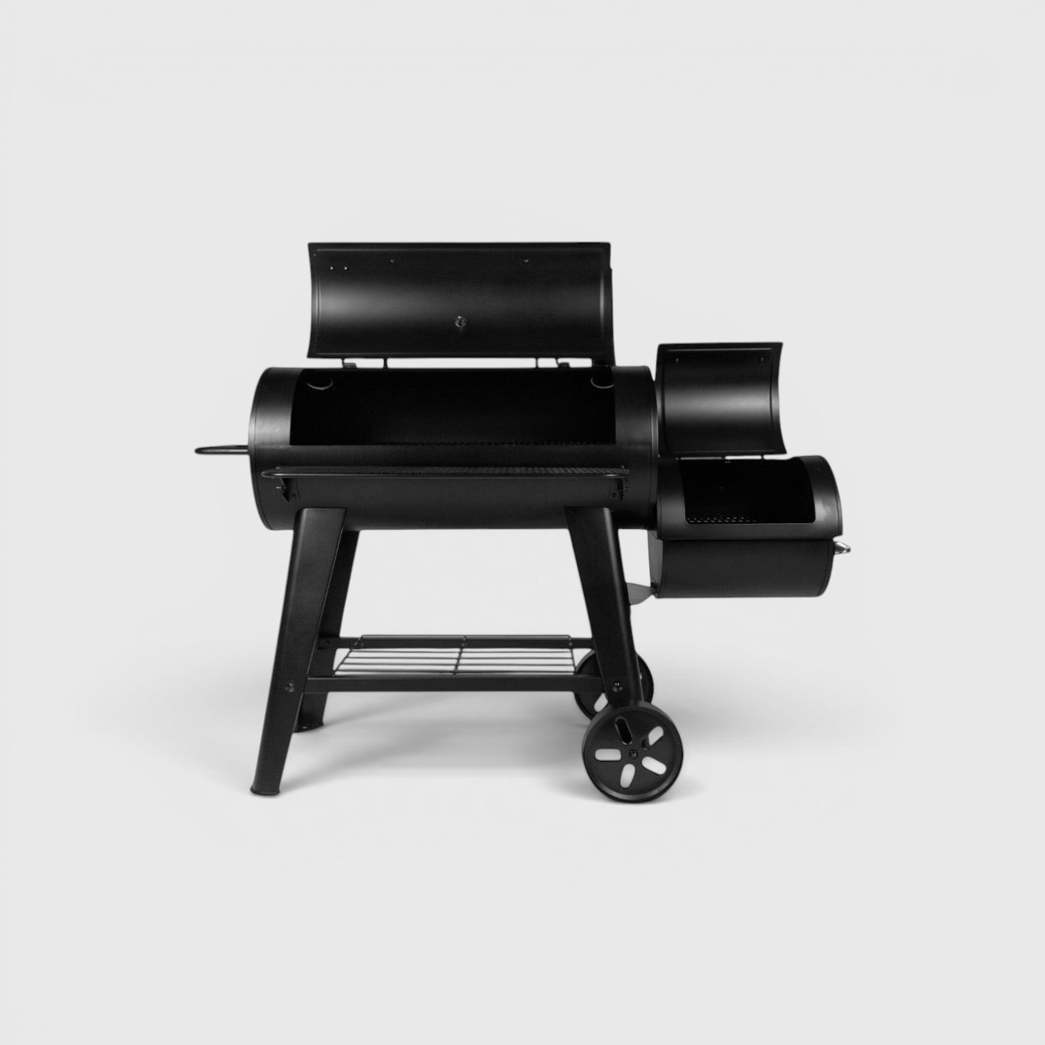 HARKBBQ black steel offset smoker and grill combination unit with two wheels and storage shelf.
