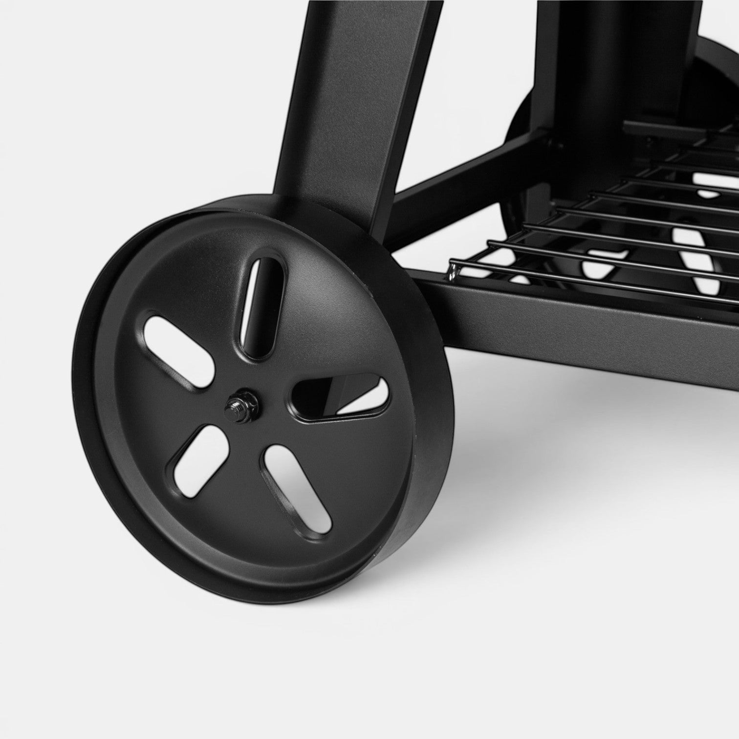 HARKBBQ black metal offset smoker wheel and cooking grate detail